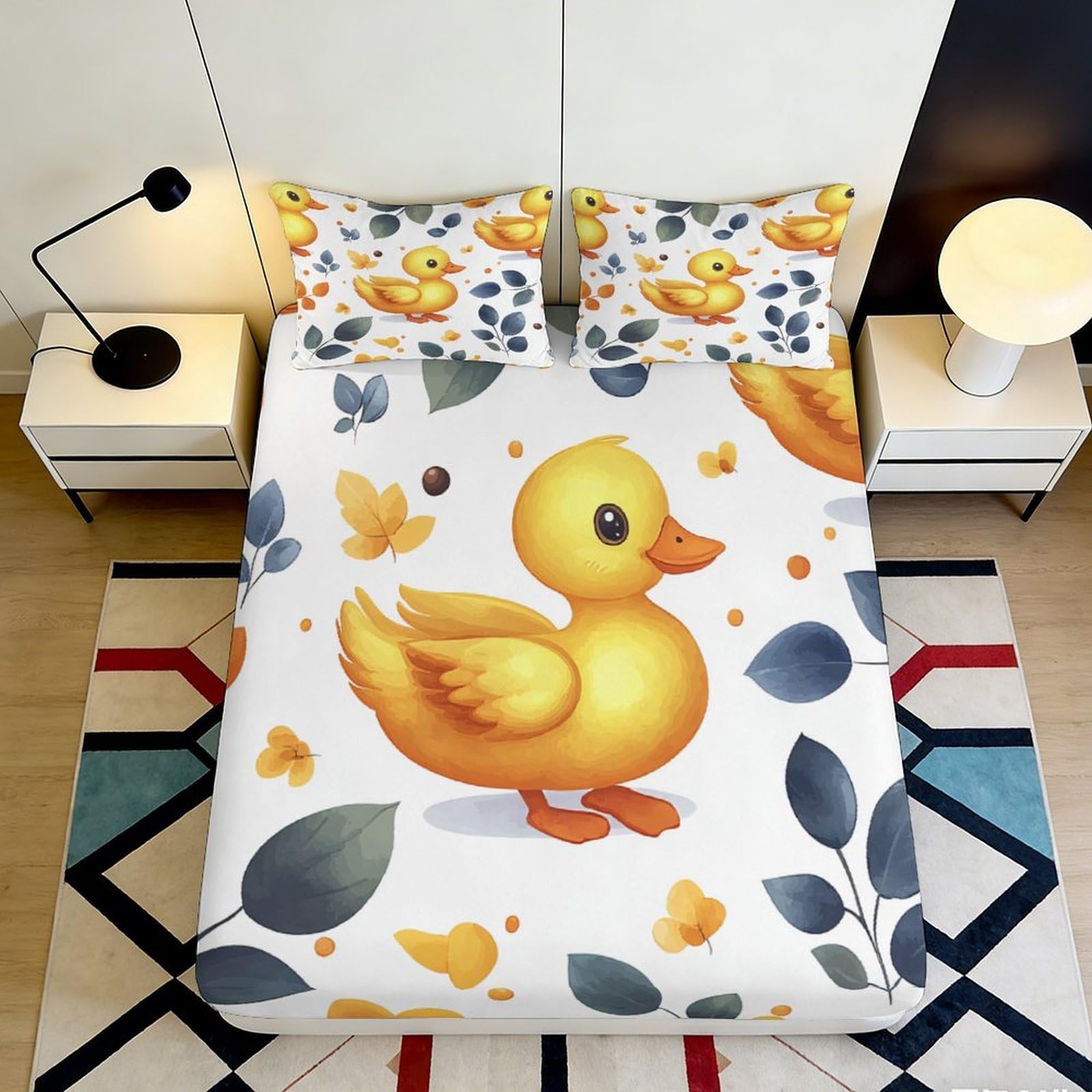 3D Printed Yellow Duck Fitted Sheet Microfiber Soft Breathable Cartoon Duckling Bed Cover for Bedroom Dormitory Guest Room Mattress Protection Decor 120x200x25cm