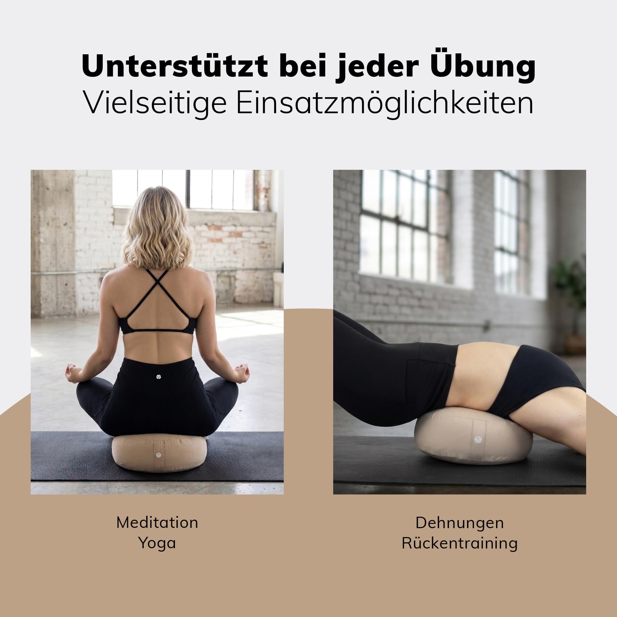 MYLILY Yogakissen Meditationskissen – Yoga Kissen rund Ø 29 cm – 10 cm flach & 255 g leicht – Sitzkissen Boden mit waschbarem Baumwoll-Bezug – vegan – Beige