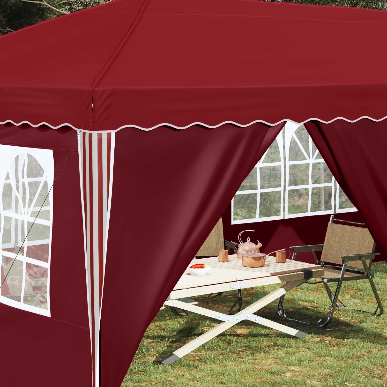 Pop-up namiot imprezowy bordowy o wymiarach 575 x 288 x 245 cm, składany namiot ogrodowy z 6 ściankami bocznymi, odporny na warunki atmosferyczne i promieniowanie UV, malowana proszkowo