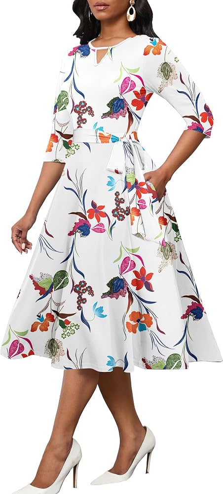 casual white midi dress with sleeves CLOCOR Women's 3/4 Sleeve Floral A-line Swing Dress for Women Crewneck Church Dresses Pockets 2XL at Amazon Women's Clothing store it sits in that shirt maxi dress Size:4/5T Moda Bella Bridal Dress