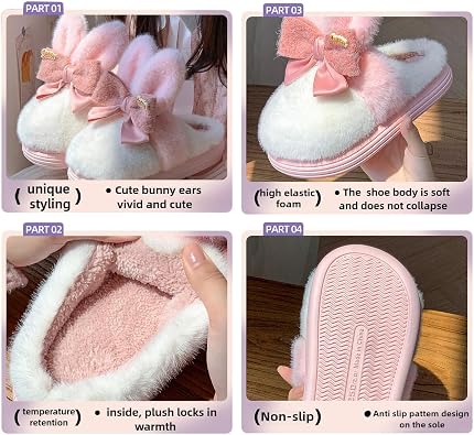 Bunny Pink Slippers for Women Cute Fluffy Slippers Animal Slippers Comfortable Furry Rabbit Home Slippers