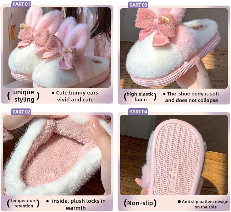 Bunny Pink Slippers for Women Cute Fluffy Slippers Animal Slippers Comfortable Furry Rabbit Home Slippers