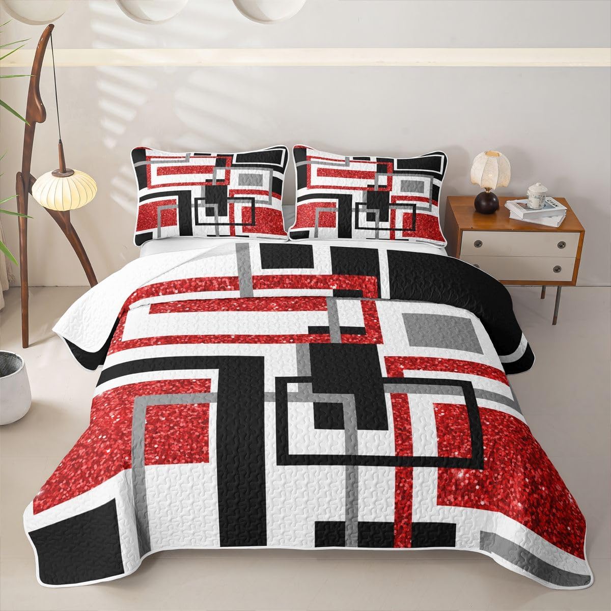 Feelyou Red Geometric Quilt Bedspread King Size Bedding