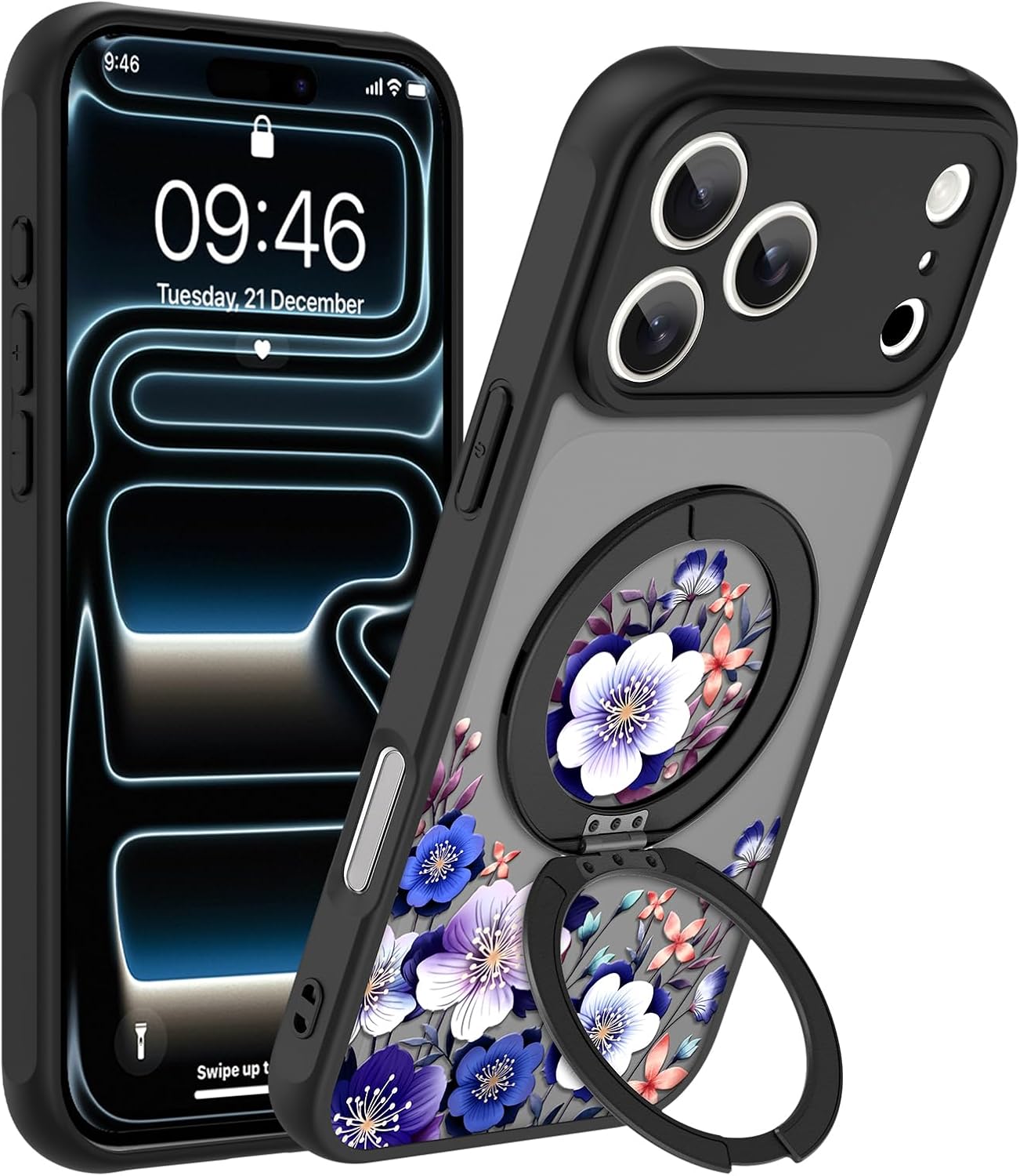 OOK for iPhone 17 Pro Max Case with Kickstand (6.9") [360° Spin Stand][Wireless Charge Compatible] Slim Translucent Matte Black Cover Cute Floral Design Camera Protection with Screen Protector