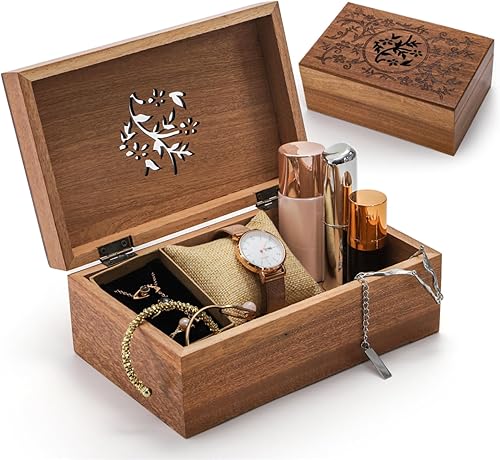 Caja de recuerdo, madera de acacia grabada floral con tapa con bisagras, organizador decorativo de almacenamiento de joyas para el día de la madre,