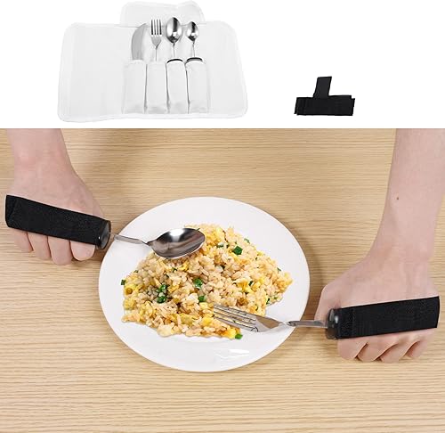 Miniatura 9 de Juego de 4 utensilios adaptativos para temblores de manos, artritis y Parkinson, cubiertos ergonómicos con peso con correa de fijación y bolsa de