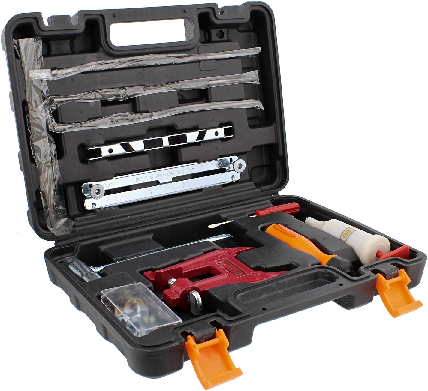Felled Chainsaw Sharpening Kit in Hard Carrying Case - File Set, Guide, Depth Gauge, Stump Filing Vise, Grease Gun