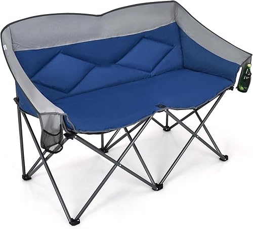 COSTWAY Silla de campamento doble, silla de campamento plegable para 2 personas para adultos, respaldo alto acolchado, bolsas de almacenamiento,