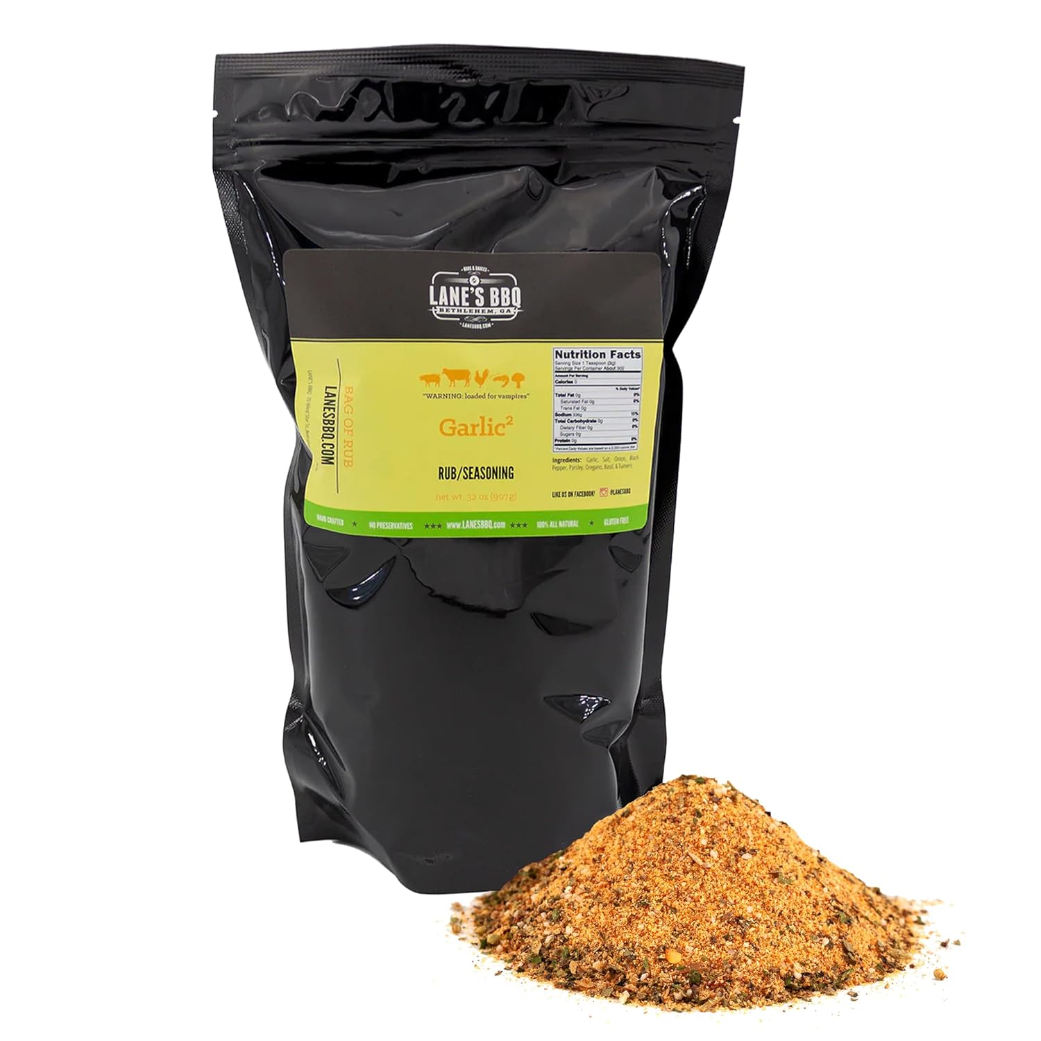 Lane's Garlic² Seasoning, All-Natural Garlic Powder Seasoning Rub, for Beef, Pork, Seafood, and Garlic Bread, No MSG, Made in USA, 2lb