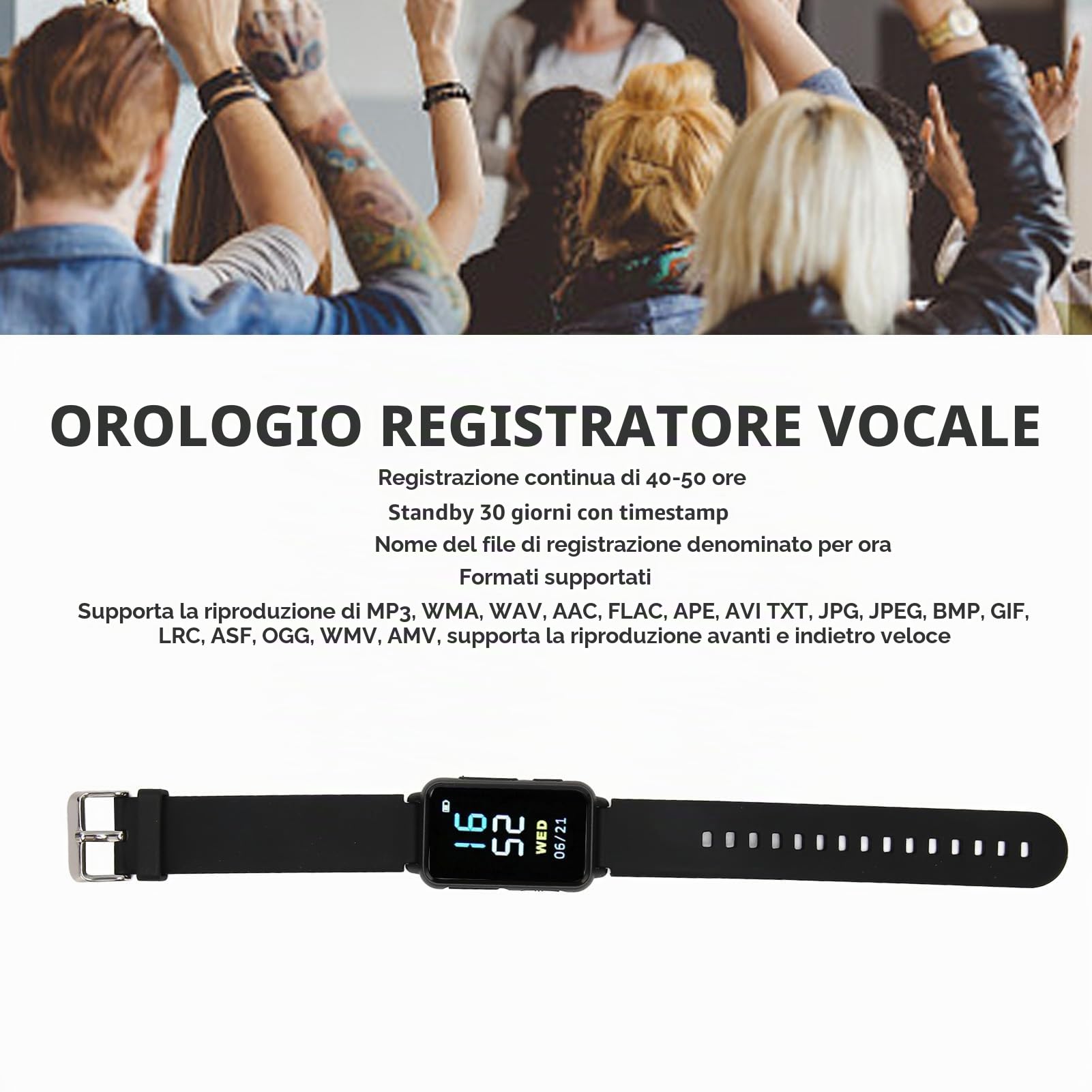 Orologio con Registratore Ad Attivazione Vocale, Registratore Vocale Digitale, Riduzione Intelligente del Rumore, Registratore MP3, Registrazione con Timer, Registrazione