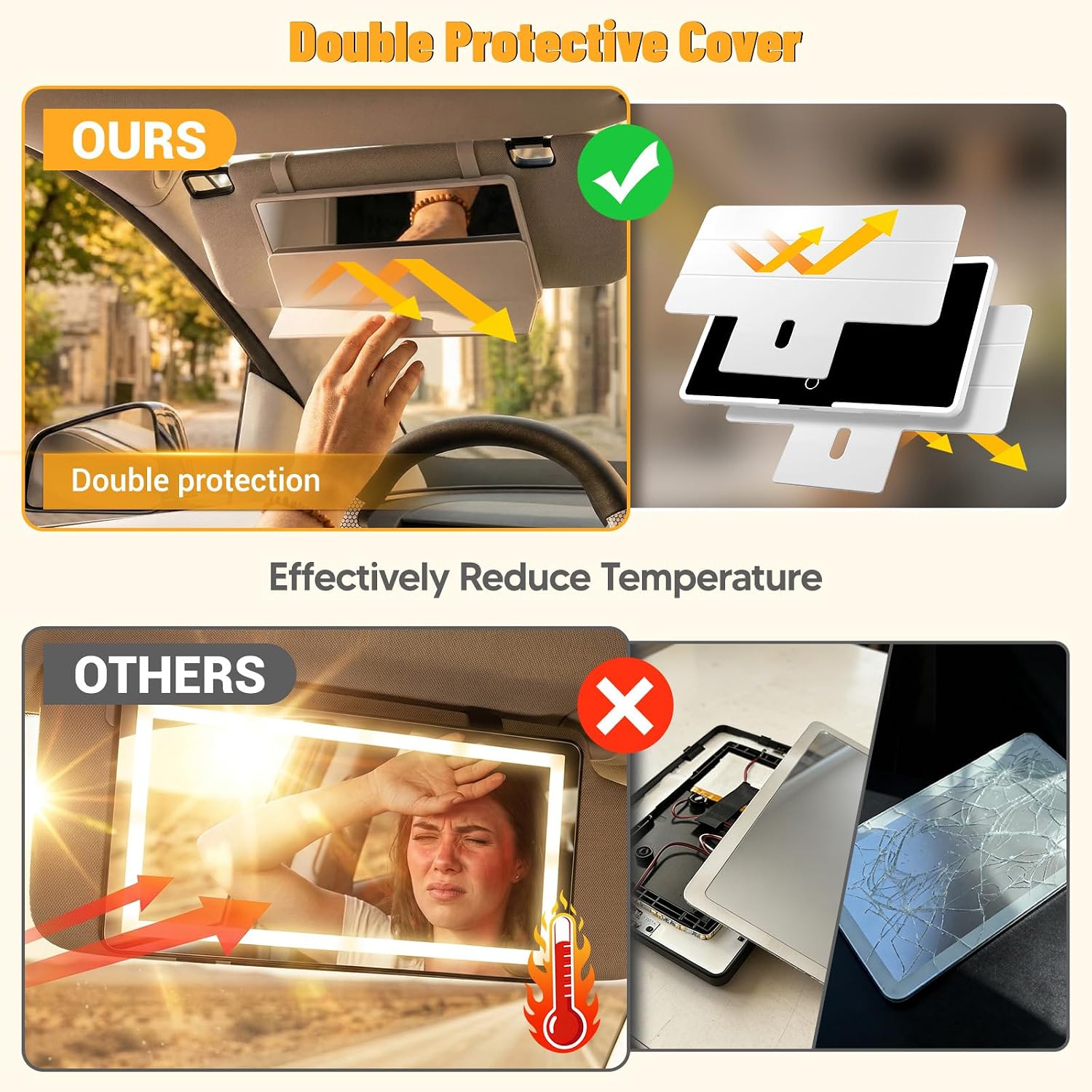 Car Sun Vanity Mirror with Protective Cover, LED Visor Makeup Mirror with 3 Light Modes, Rechargeable Dimmable Touch Large Clear View for Daily Commute & Road Trips, Universal for Car SUV Truck