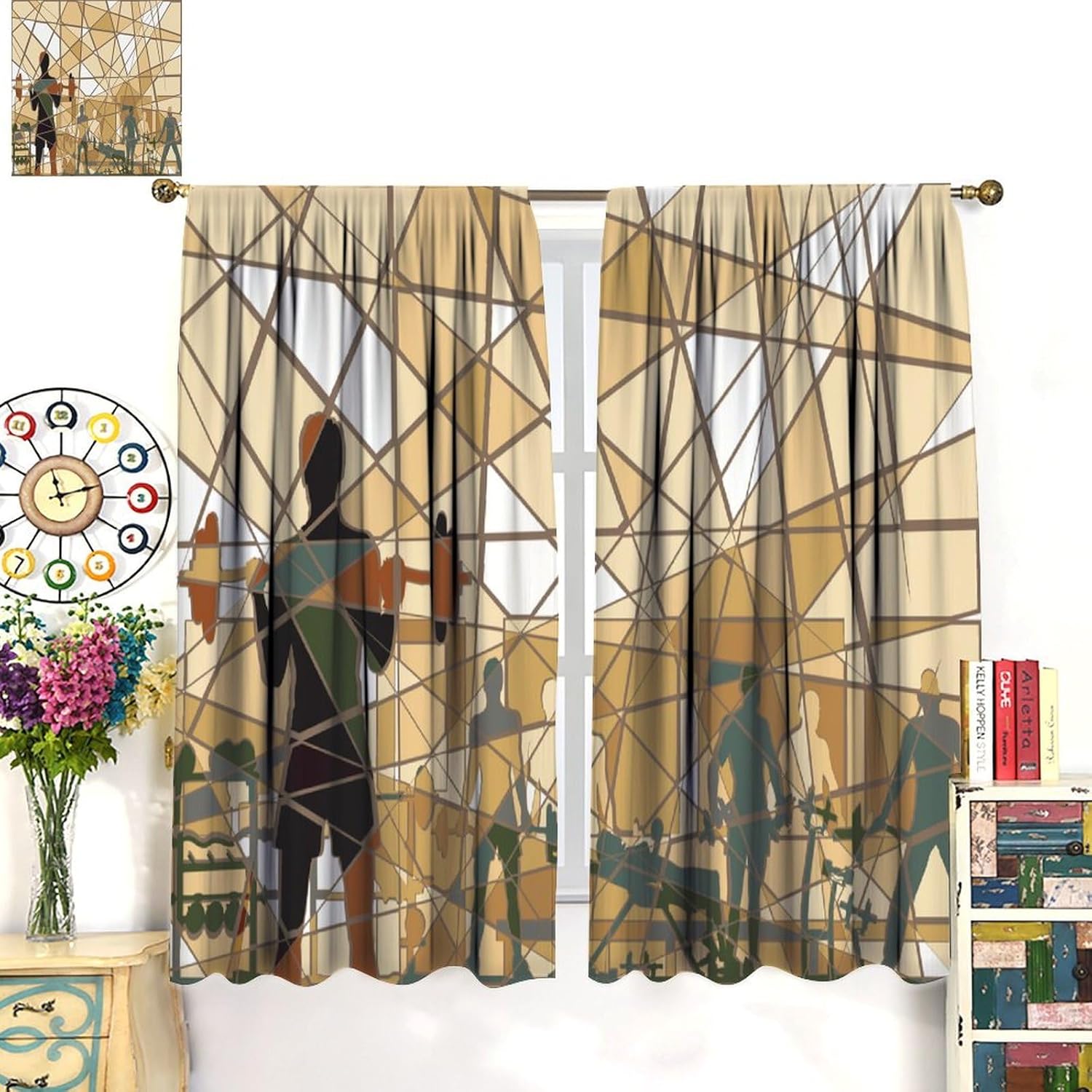 Fitness Blackout Window Curtain, Mosaic Design of People Exercising in A Gym Barbells Weightlift for Bedroom Living Room Darkening Window Drapes Drapes 2 Panels 63x72in
