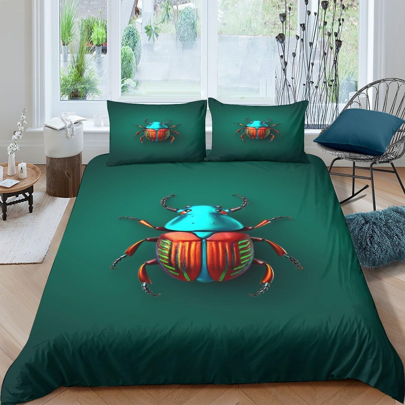 Ctjqhvkz Style-1 3D Printed Scarab Beetle Fitted Sheet Microfiber Soft Green Insect Art Bed Cover For Bedroom Guest Room Mattress Protection Single（135X200cm）