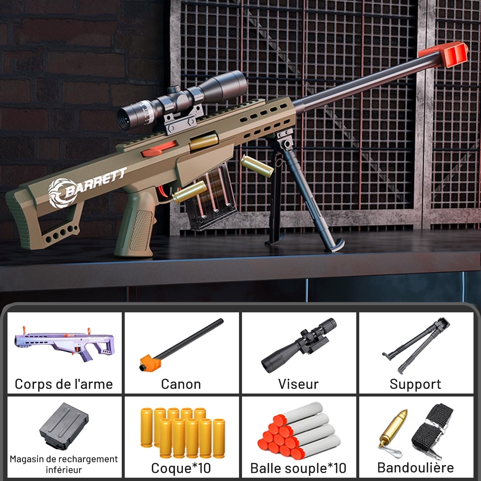 Barrett 98k Lance-douille Soft-Head - Fusil à lunette jouet pour enfants | Modèle réaliste avec munitions Soft-Head | Incl. 10 douilles | Âge 3+ (Sable)