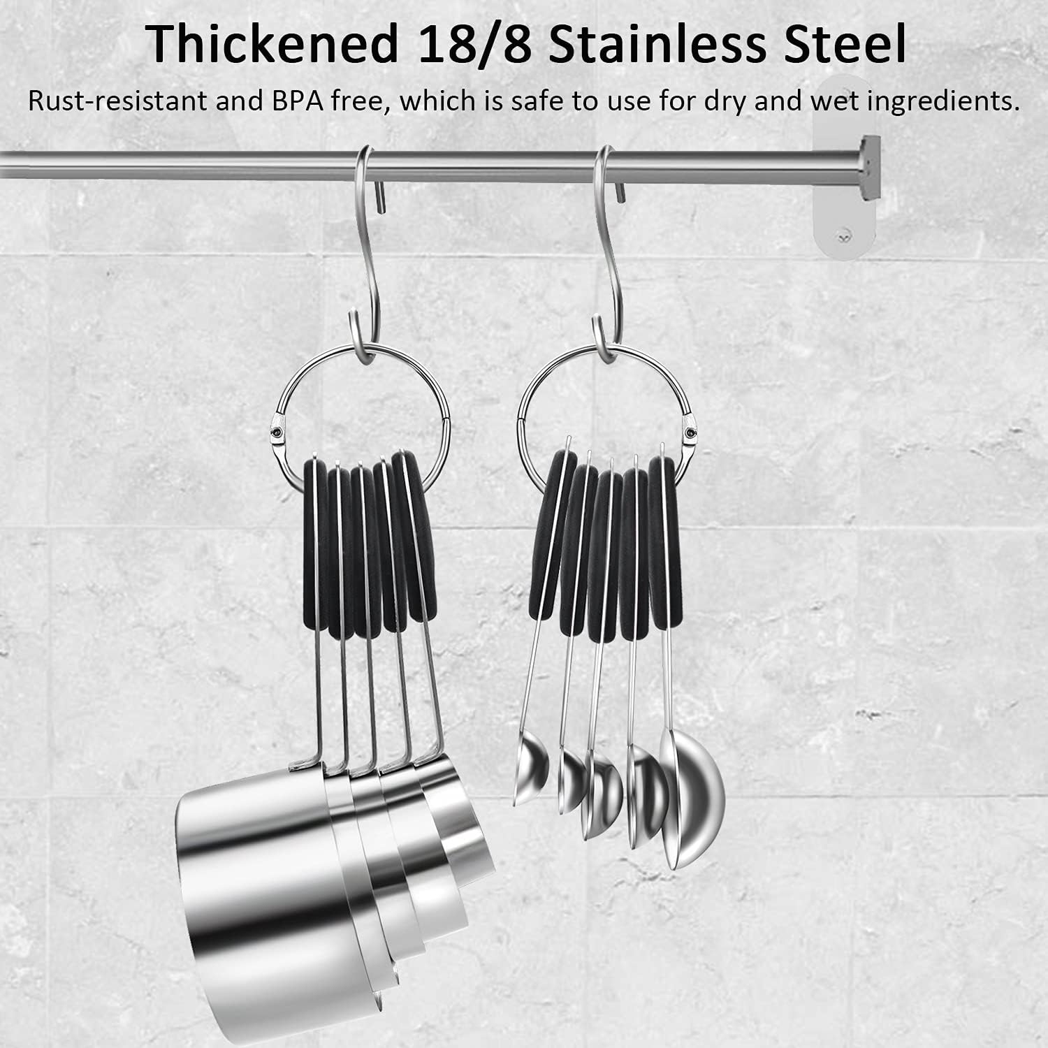 Measuring Cups and Spoons Set, Metal 18/8 Stainless Steel Measuring Cups Set with Silicone Handle, for Kitchen Food Dry Liquid Ingredients, Not Rust, Black