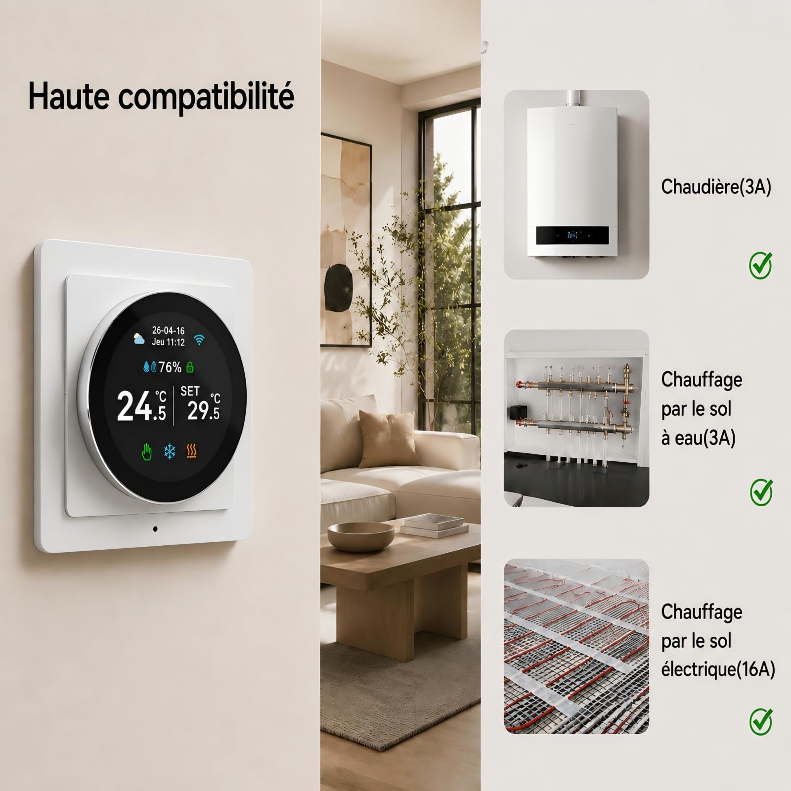 Thermostat Connecté Chaudiere Gaz WiFi Régulateur Température à Rotatif 3A | Intelligent Thermostats D'ambiance Mural Programmable Digital Compatible avec Alexa Google Home Tuya Smart Life,Écran Couleur