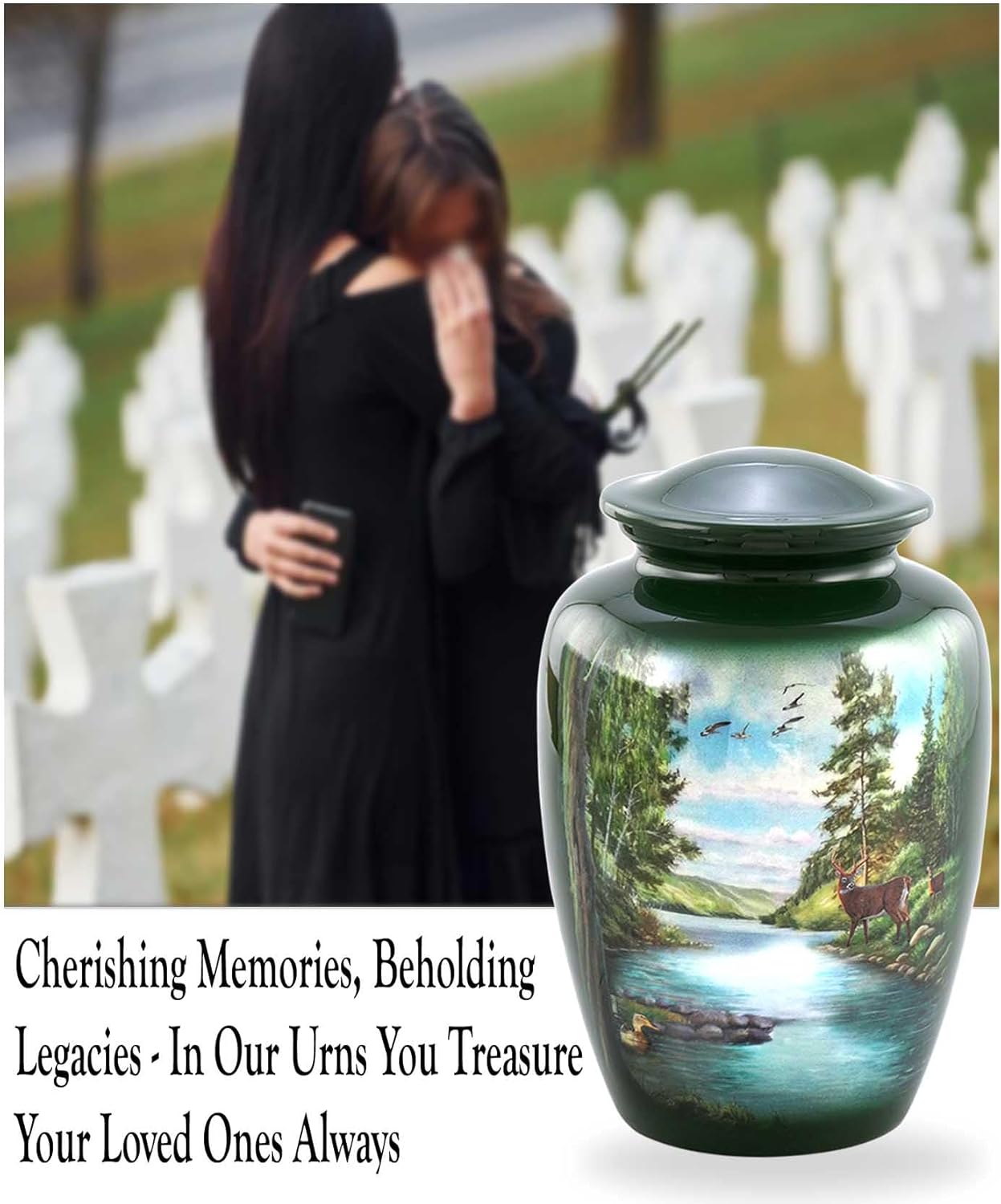 Deer Urn - Full Size Deer in Forest Scene Cremation Urn – Adult Nature-Themed Urns for Men and Women – Forest Green Funeral and Memorial Urns for Human Ashes Upto 210 Lbs with Velvet Bag (Large)