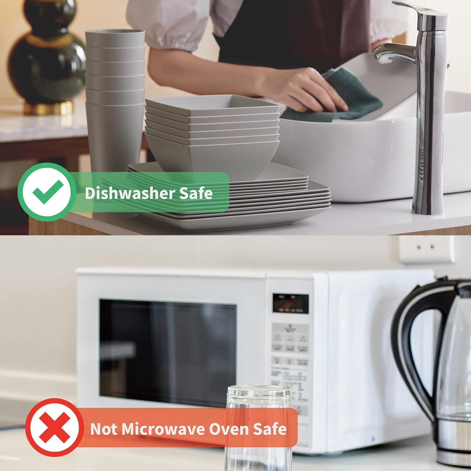 24-Piece Swirl Grey Melamine Plastic Dinnerware Sets for 8, Melamine Plates Set of 24PCS, Plates and Bowls Sets for Camping (Cool Grey)