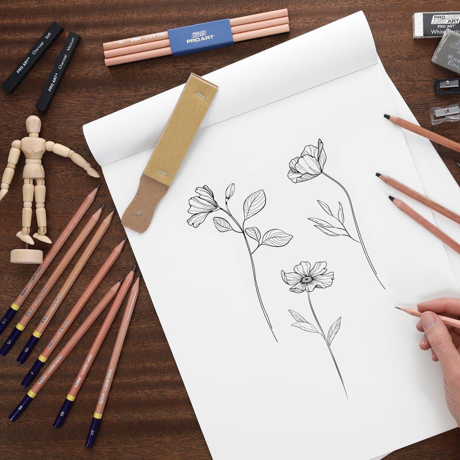 PRO ART Charcoal Pencil Set 3 Degree/White 4pc Carded, Sketching & Drawing Pencils for Artists, Includes Graphite & Charcoal Pencils, Art Pencil Set for Shading & Outlining