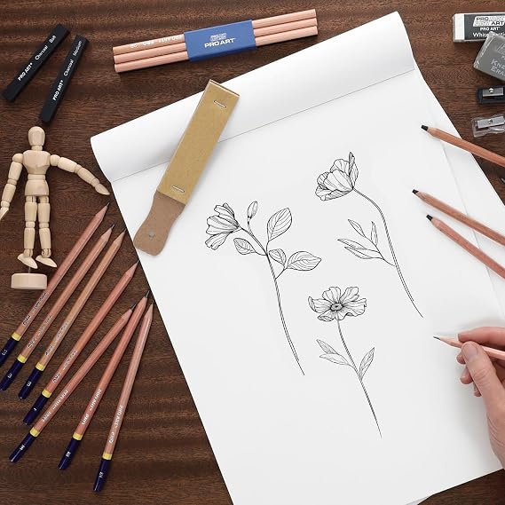 PRO ART Charcoal Pencil Set 3 Degree/White 4pc Carded, Sketching & Drawing Pencils for Artists, Includes Graphite & Charcoal Pencils, Art Pencil Set for Shading & Outlining