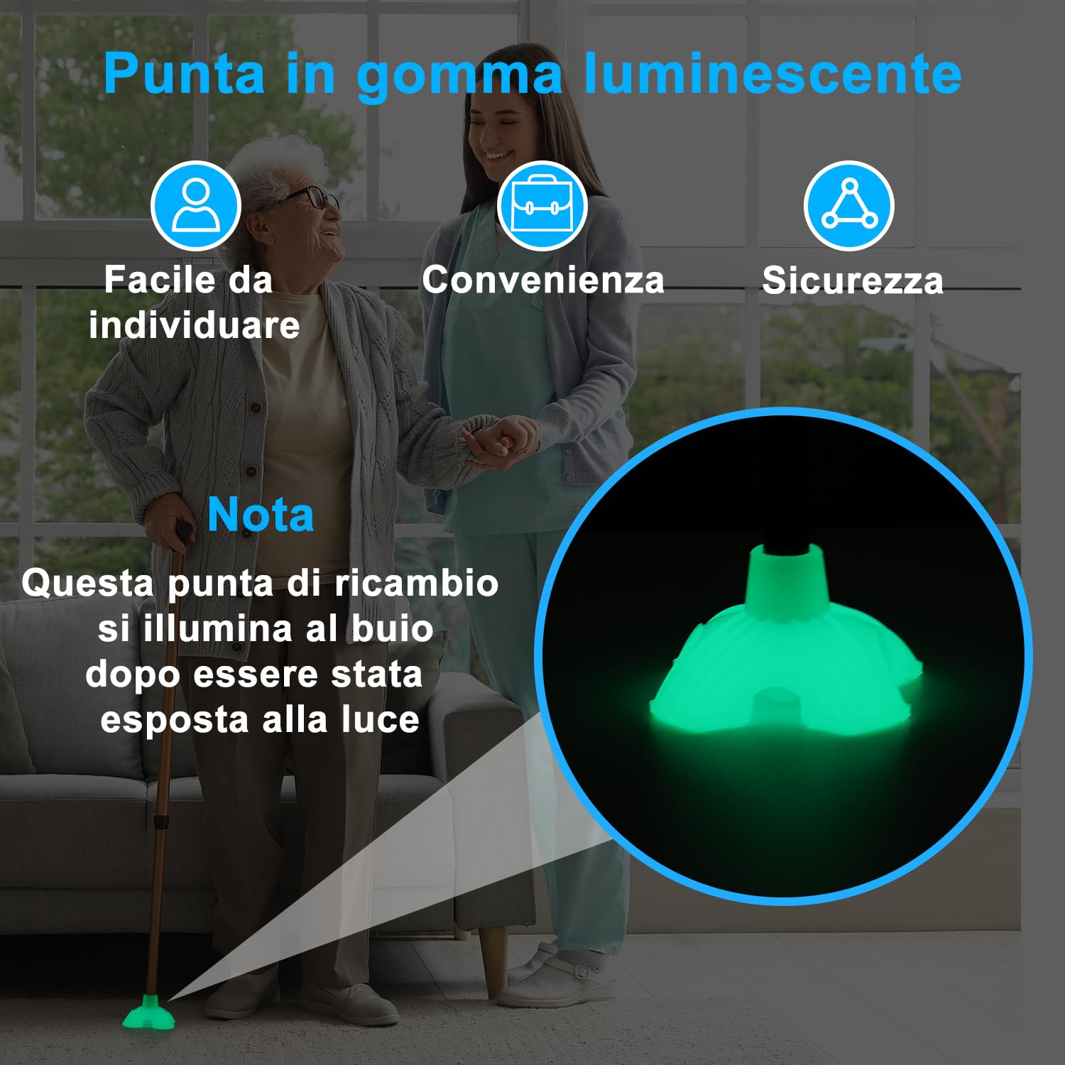 supregear Puntali In Gomma Stampelle, 19 mm Gommini Luminescente per Bastone, Base Larga con 4 Piedini per una Maggiore Stabilità, Aumenta la Visibilità, Verde