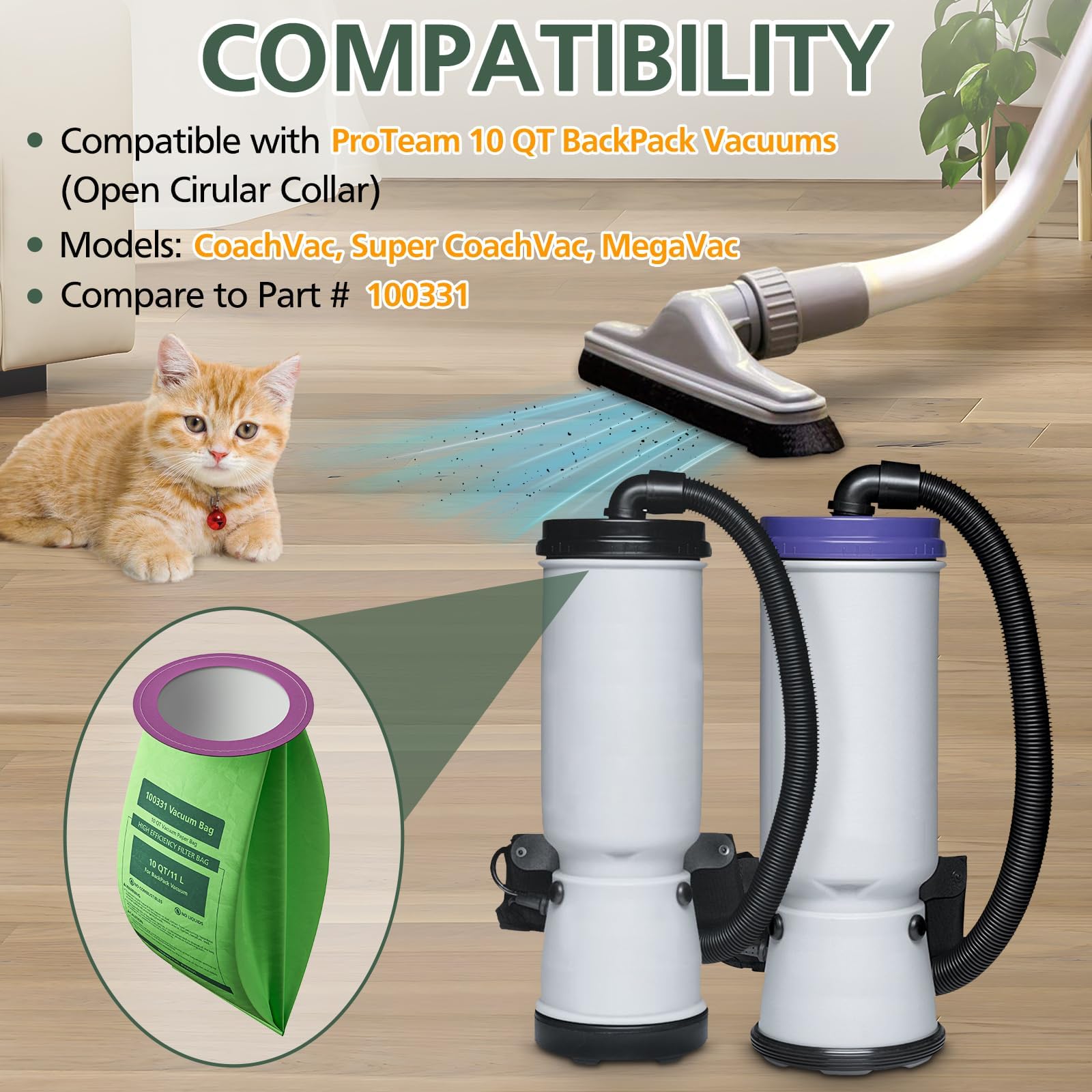 16 Pack 100331 Vacuum Bags Replacement Compatible with ProTeam 10 QT Backpack Vacuum Cleaner, for Coachvac, Super Coachvac, Megavac, Upgraded Vacuum Filters with Open Circular Collar