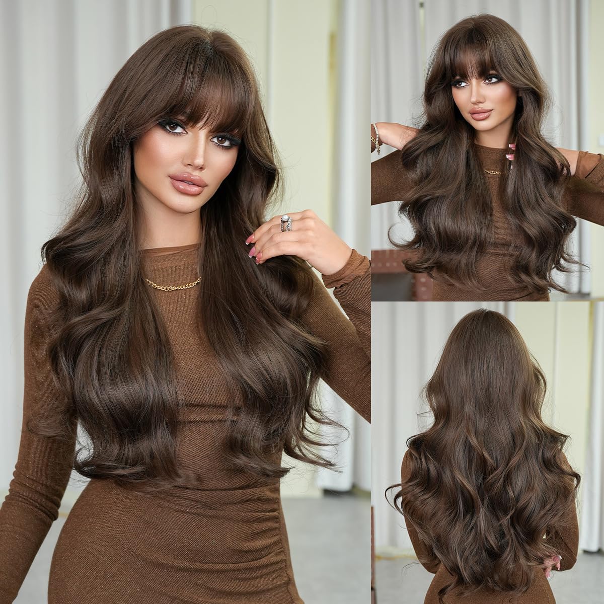 Ginger Orange Human Hair Wigs for Women Long Voluminous Waves with Curtain Bangs Lightweight Natural Look Glueless Daily Wear