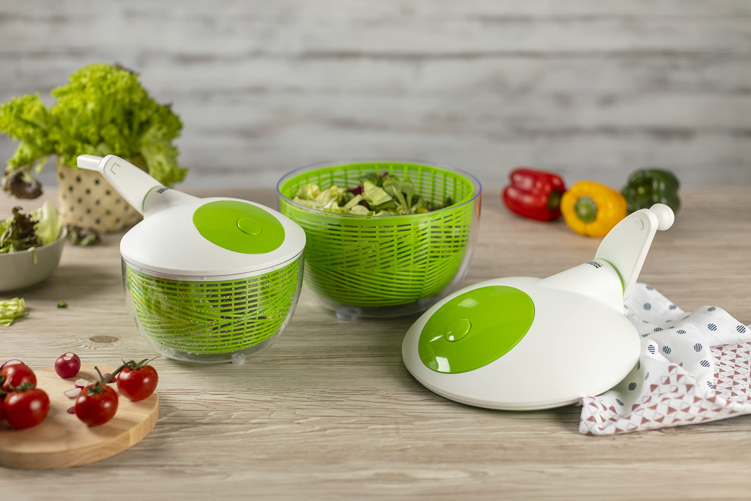 Centrifuga per insalata, 26 cm, bianco/verde, con pulsante di arresto sul coperchio