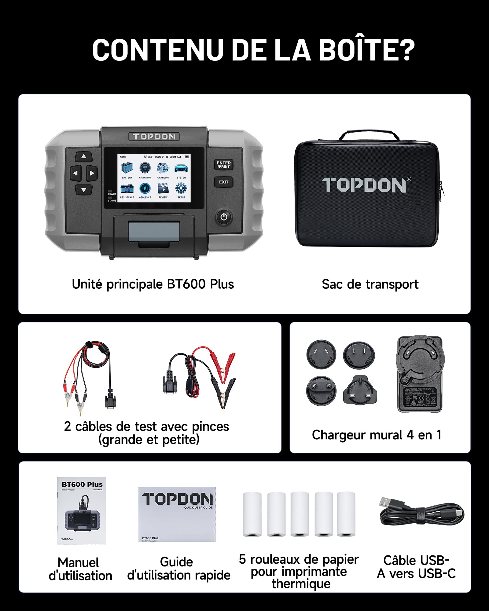 TOPDON BT600 Plus Testeur de Batterie Voiture 6V 12V 24V, Analyseur de Batterie avec Tests Démarrage/Charge/Système 12V/24V, Tests Résistance et Séquence, Écran 3,5", Batterie Intégrée et Imprimante