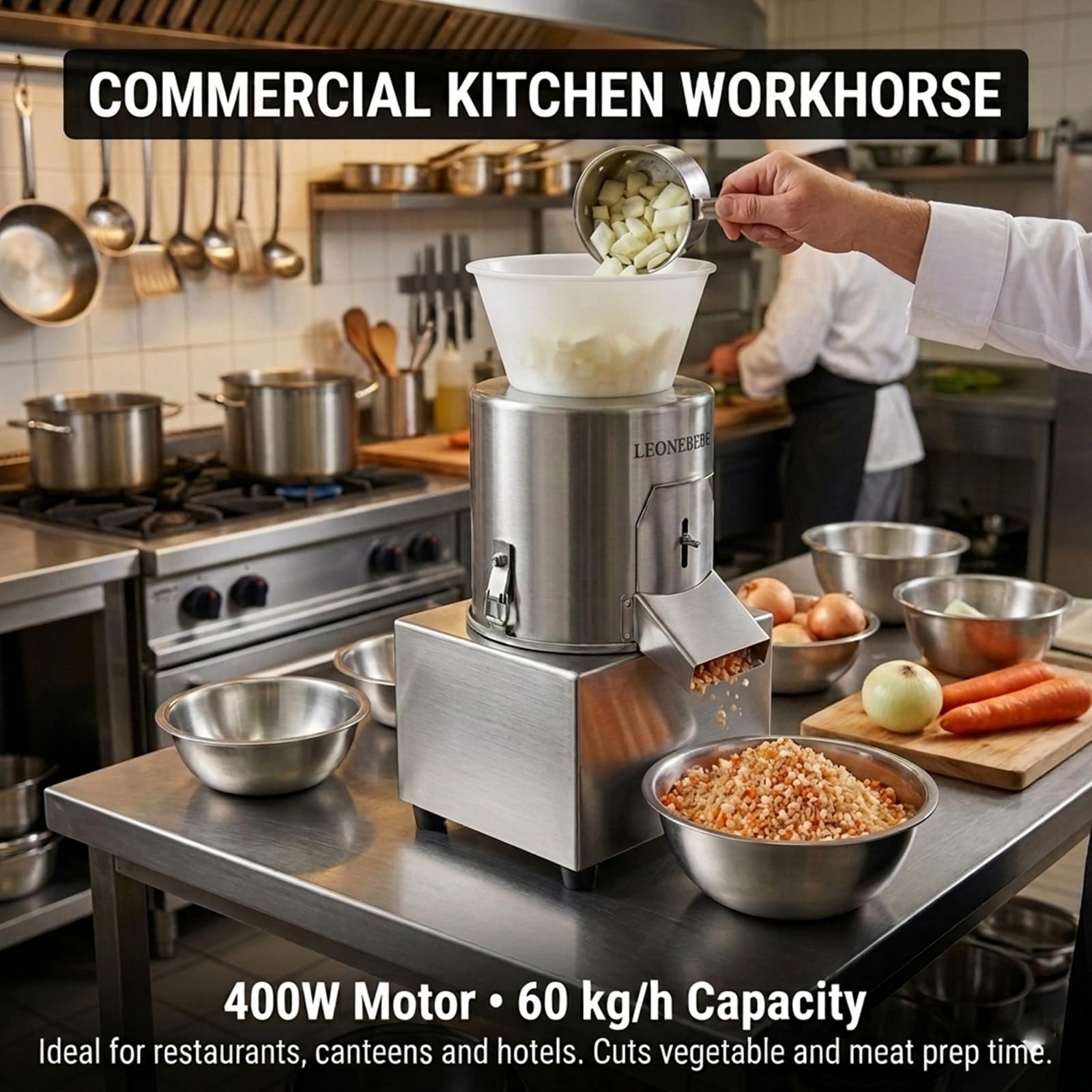 Picadora Eléctrica Profesional, Cortadora de Verduras y Picadora de Carne, Procesador de Alimentos en Acero Inoxidable, 400W, 220V, Capacidad 40-60 kg/h, Ideal para Restaurantes y Cocina Doméstica
