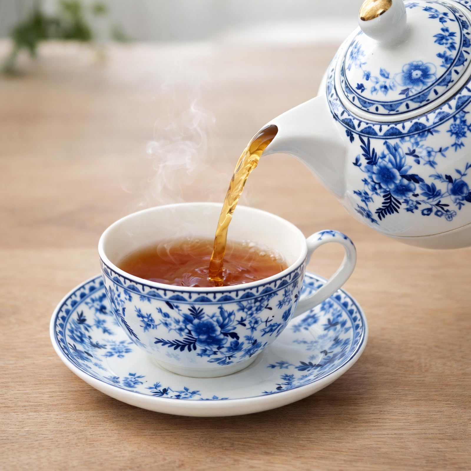Porcelain Tea for One Set Beautiful Flower Ceramic Teapot with Cup Gifted Box (Blue and White)