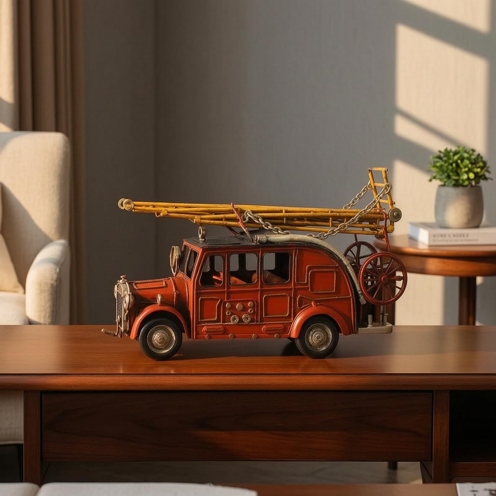 harayaa Leiter Feuer Fahrzeug Oldtimer Metall Feuerwehrauto Modell Retro Feuerwehrwagen Dekofigur Sammlerstück aus Eisen mit Stabilem Aufbau für Wohnzimmer