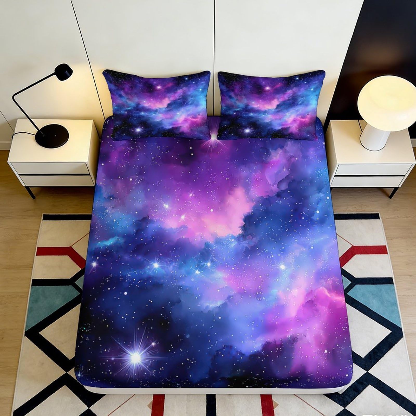 3D Printed Galaxy Starry Sky Fitted Sheet Microfiber Breathable Cosmic Nebula Bed Cover for Bedroom Decor 90x200x25cm