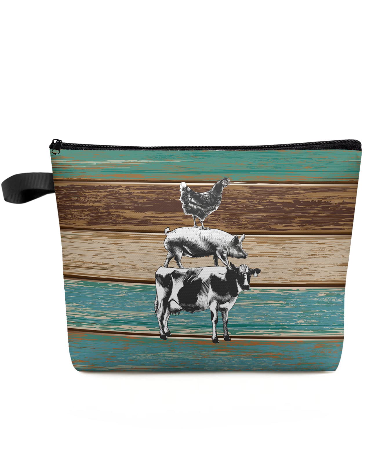 Cosmetic Bag Cow Pig Chicken Farm Animal Makeup Bag Portable Travel Cosmetic Bags,Waterproof Storage Small Zipper Pouch for Womem Girl Brown Turquoise Rustic Farmhouse Wood Board Toiletry Bag 1PCS
