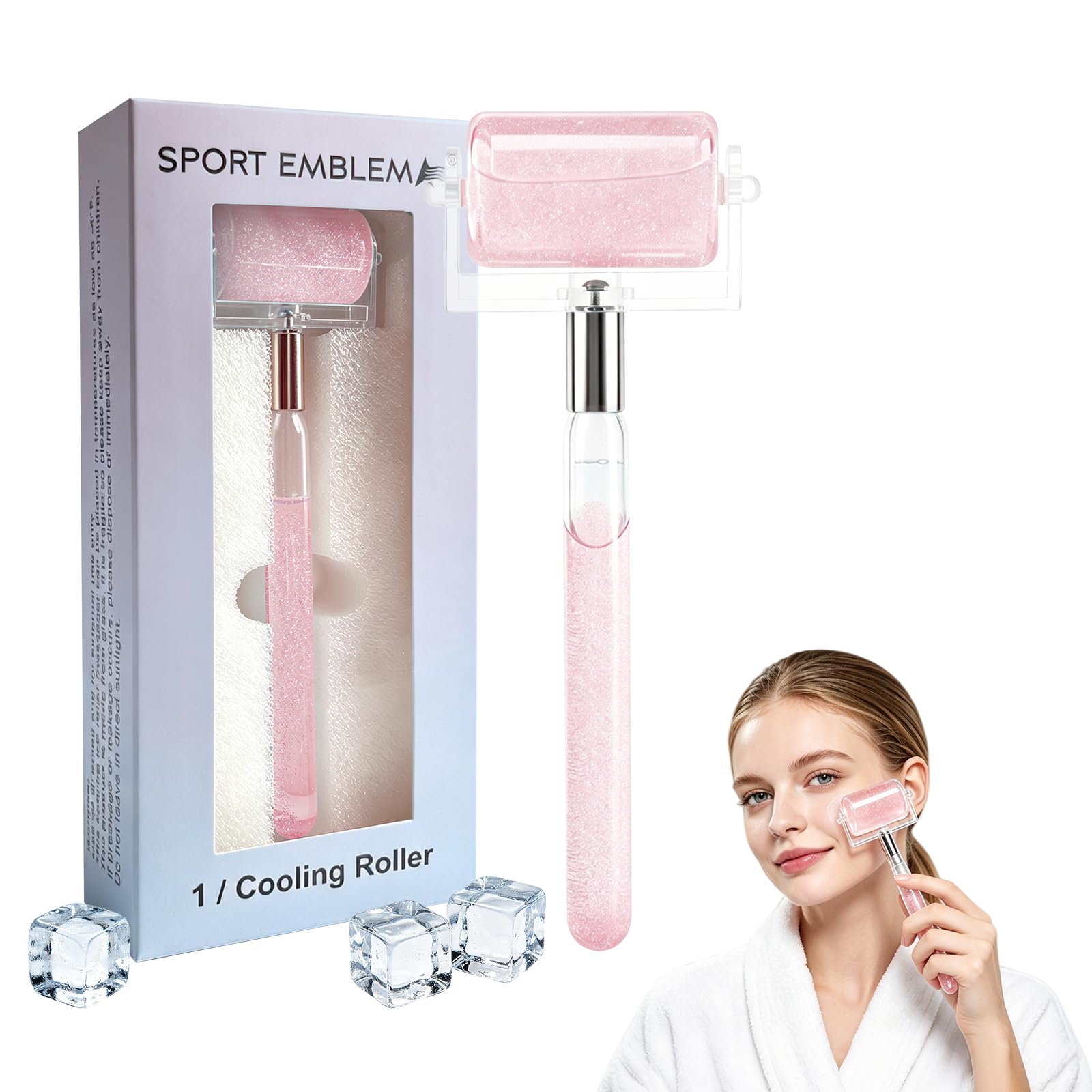 Rodillo de hielo para cara y cuerpo, herramienta de terapia de frío para hinchar los ojos, reducir la inflamación y tensar la piel, con funda protectora (rosa con purpurina)