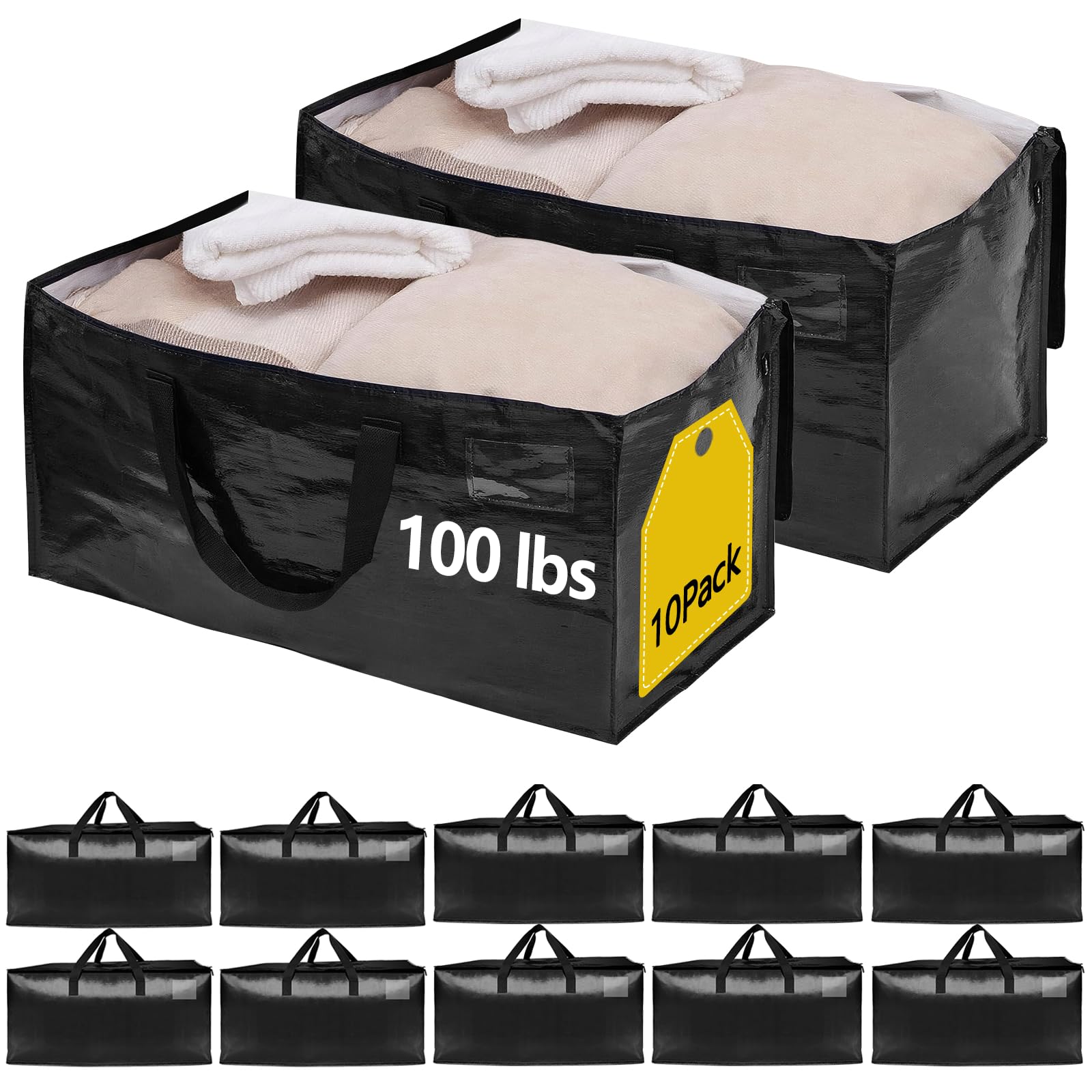 Photo 1 of 10 Pack Waterproof Moving Storage Bags, 100lbs Extra Large Heavy Duty Totes with Reinforced Handles & Strong Zippers, Reusable Moving Box Alternative for Packing Moving Household Storage, 95L, Black