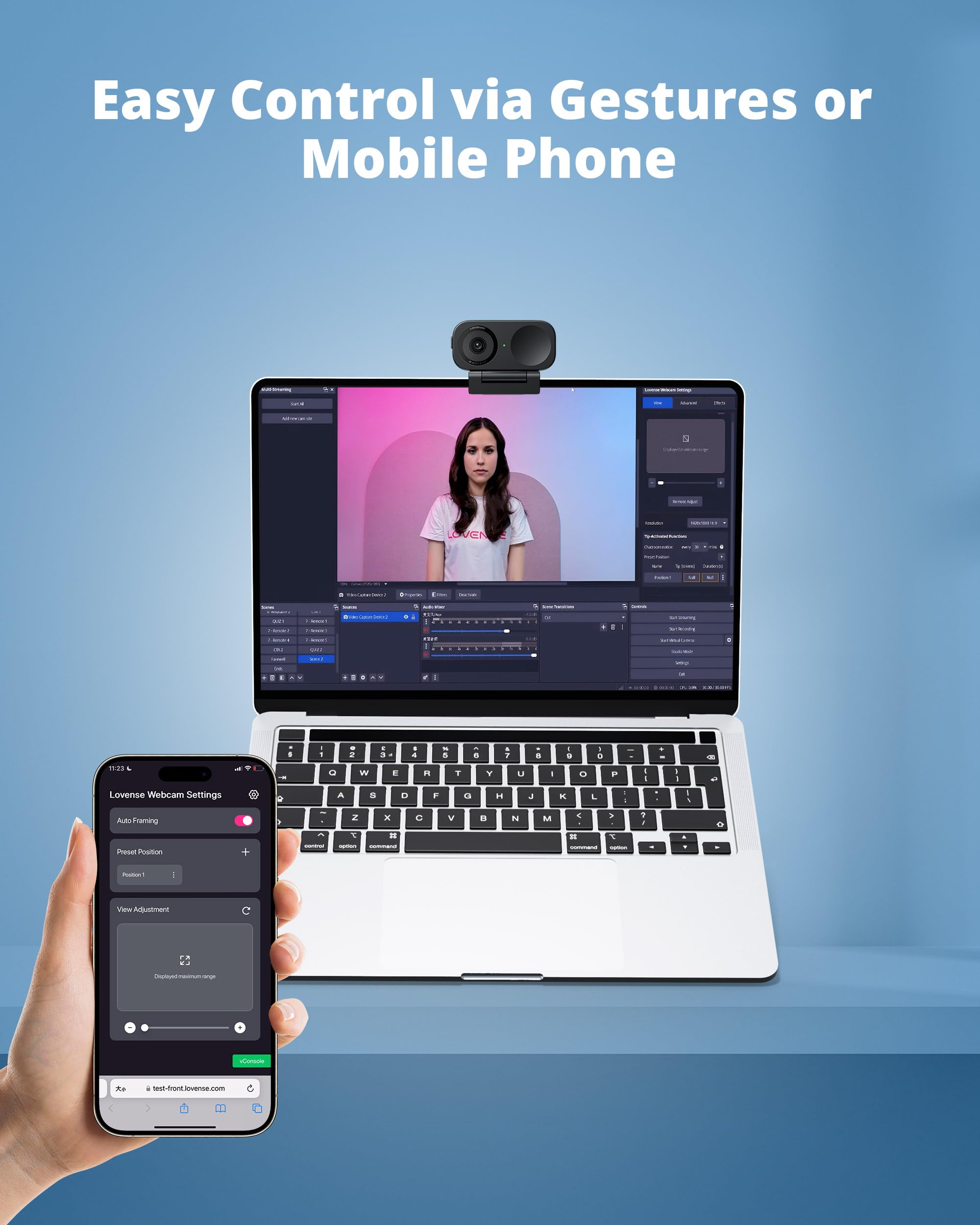 LOVENSE Webcam 2 4k for PC, Live Streaming Camera 1/2" Sensor True Focus Al Noise Canceling, Hand Gesture Control, Mobile Control, Auto Framing, Customizable Audio Modes, Microphones, Privacy Control: Lovense Webcam 2