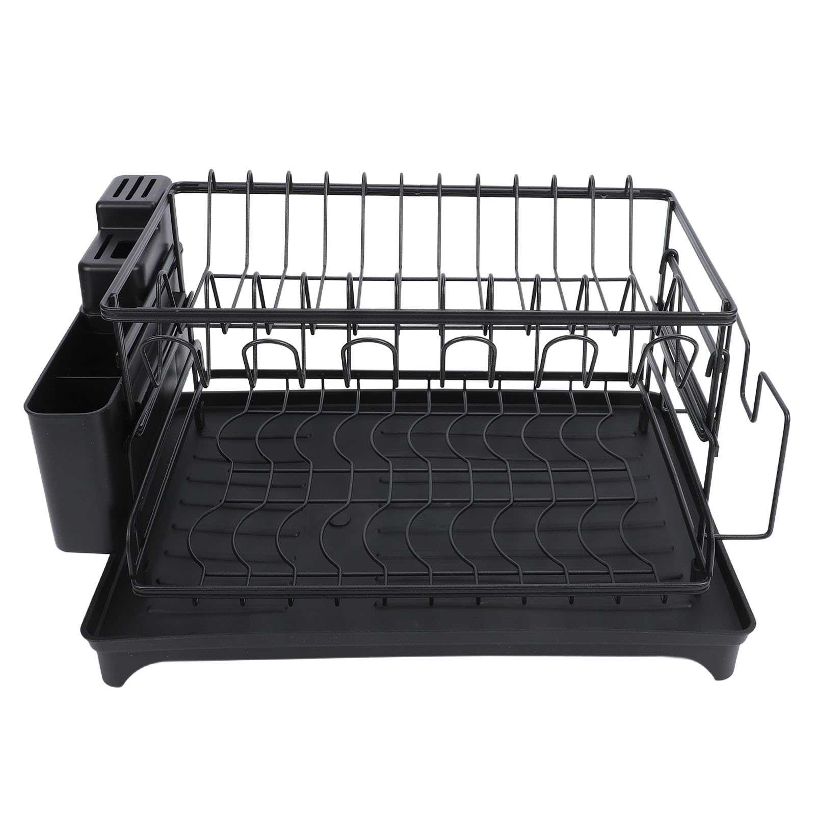 SIXRUN Doppellagiges Küchenregal, Abtropfgestell, Arbeitsplatten-Geschirrständer aus Kohlenstoffstahl mit Utensilienhalter, Abtropfschale, Platzsparend, 41,9 X 30 cm, für Kleine Küchen und Wohnungen