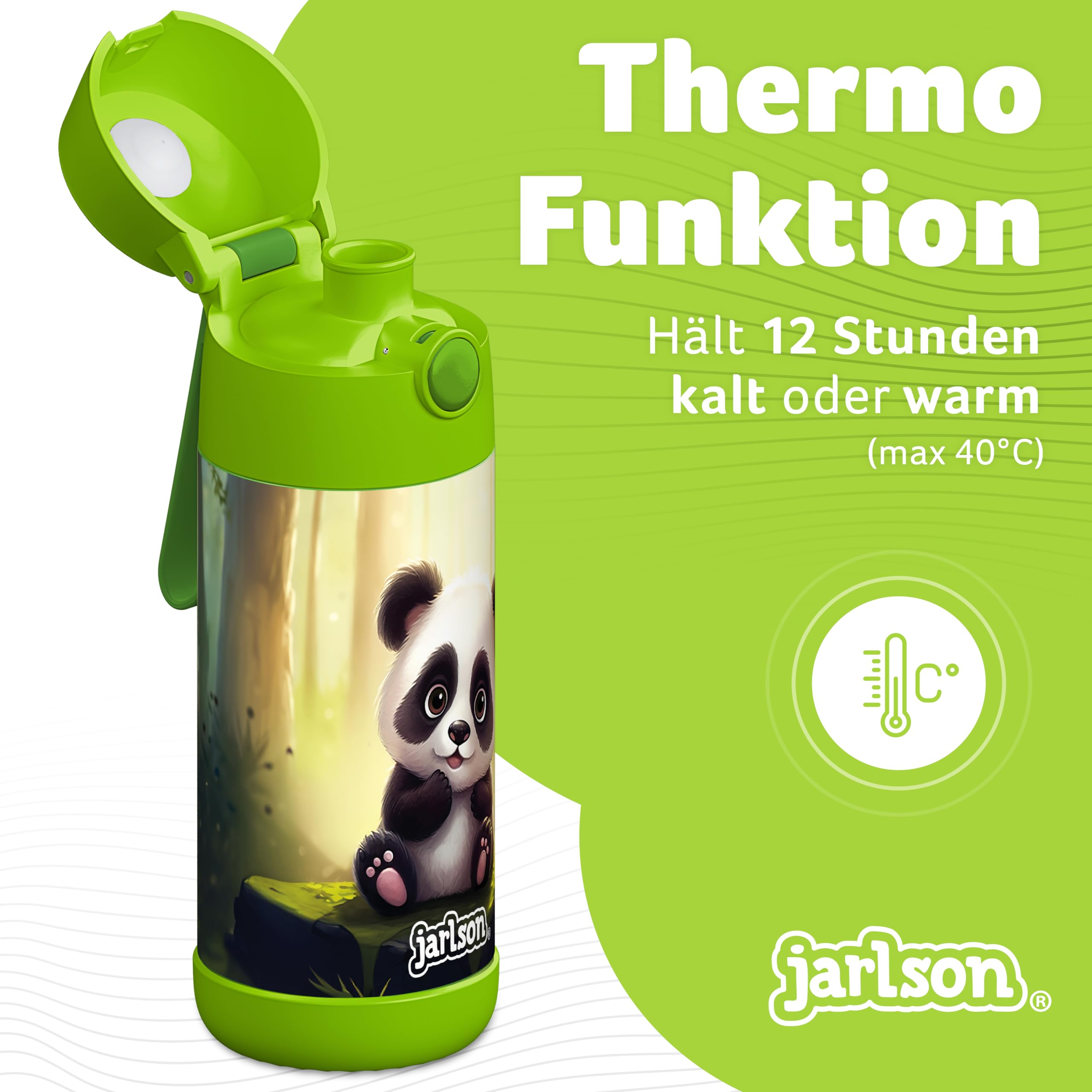 Jarlson® Borraccia Bambini Acciaio Inox MALI, Bottiglia Termica, Senza BPA, Bottiglia Acqua, Termos, Thermos - 350ml - Panda