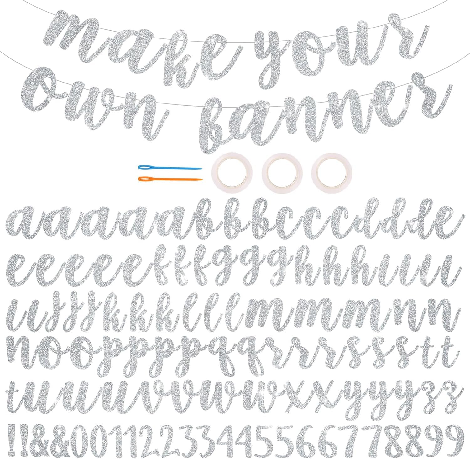 DecoGlee 116 PCS A-Z Glitter Cursive Silver DIY Letter Banner Kit Make Your Own Banner，Including 111 Letters and Numbers 3 Rope and 2 Threading Device,for Birthday Graduation Wedding Halloween Party
