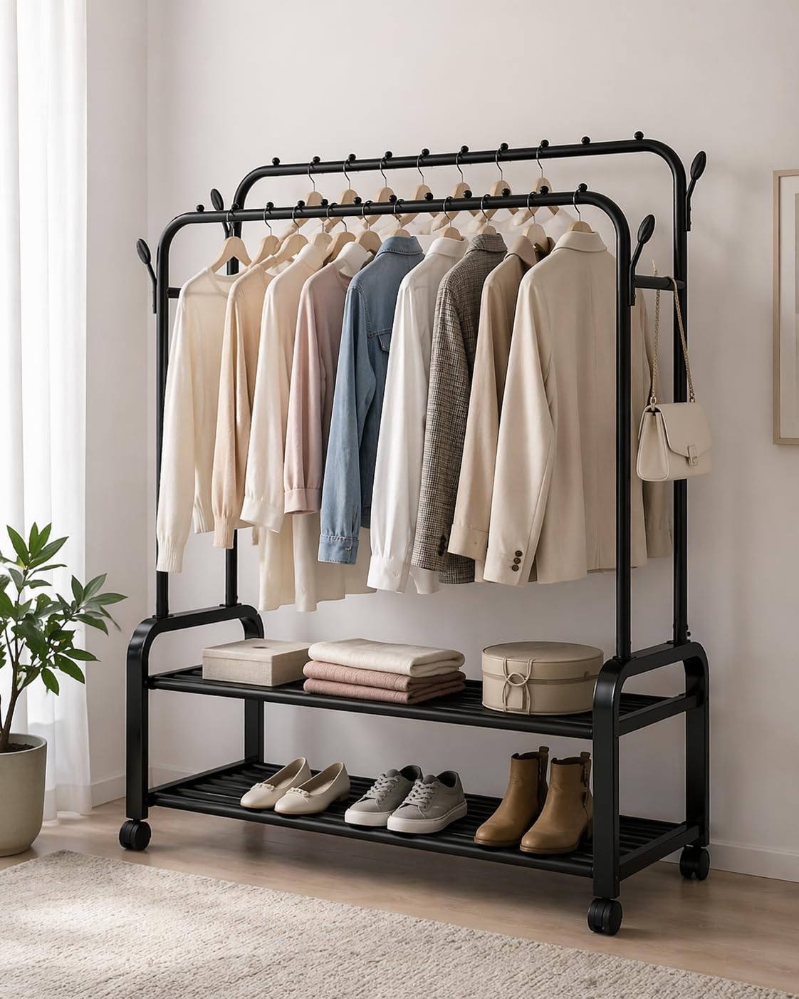 Appendiabiti Indipendente con Ripiani, Struttura in Metallo Nero, 150cm Altezza x 110cm Larghezza x 49cm Profondità, Capacità 780lb, Organizer per Vestiti Scarpe e Accessori