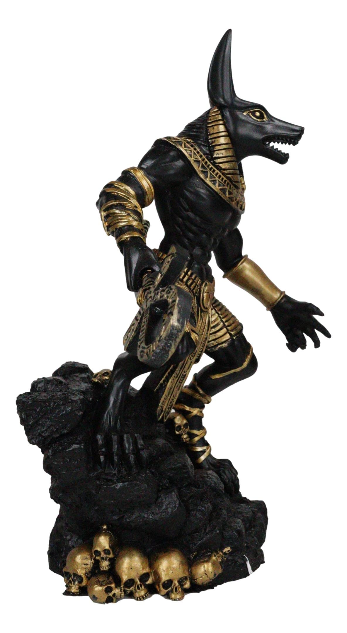 Ebros - Figurine de dieu Jackal Anubis avec bâton d'Ankh debout sur des crânes rocheux - Dieux de la divinité des morts - Sculpture de la Mummification et de l'après-vie