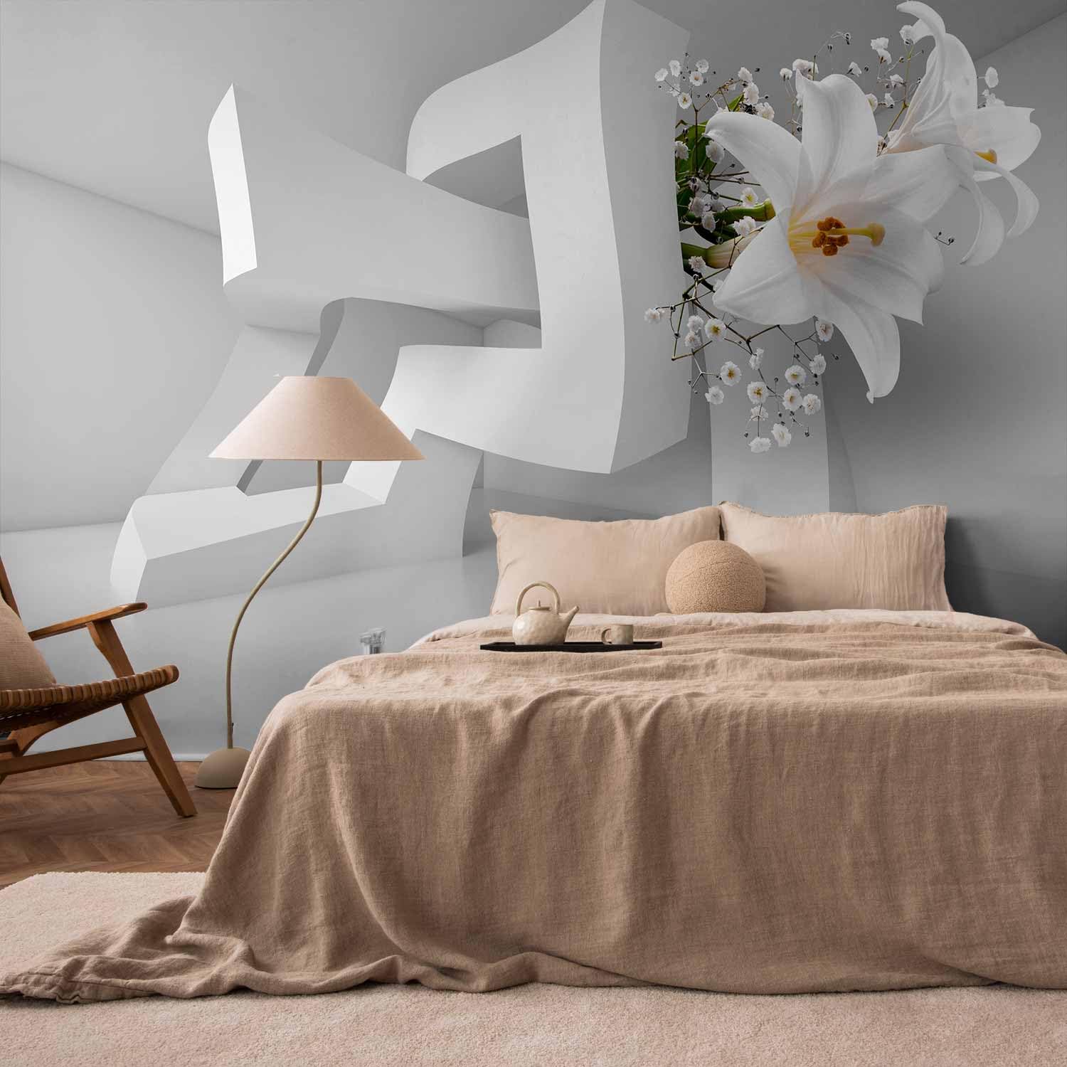 artgeist Wall Mural White Lily 3D 116x83 in - XXL Peel and Stick Self-Adhesive Wallpaper Removable Large Sticker Foil Wall Decor Print Picture Image Design a-C-0072-a-a