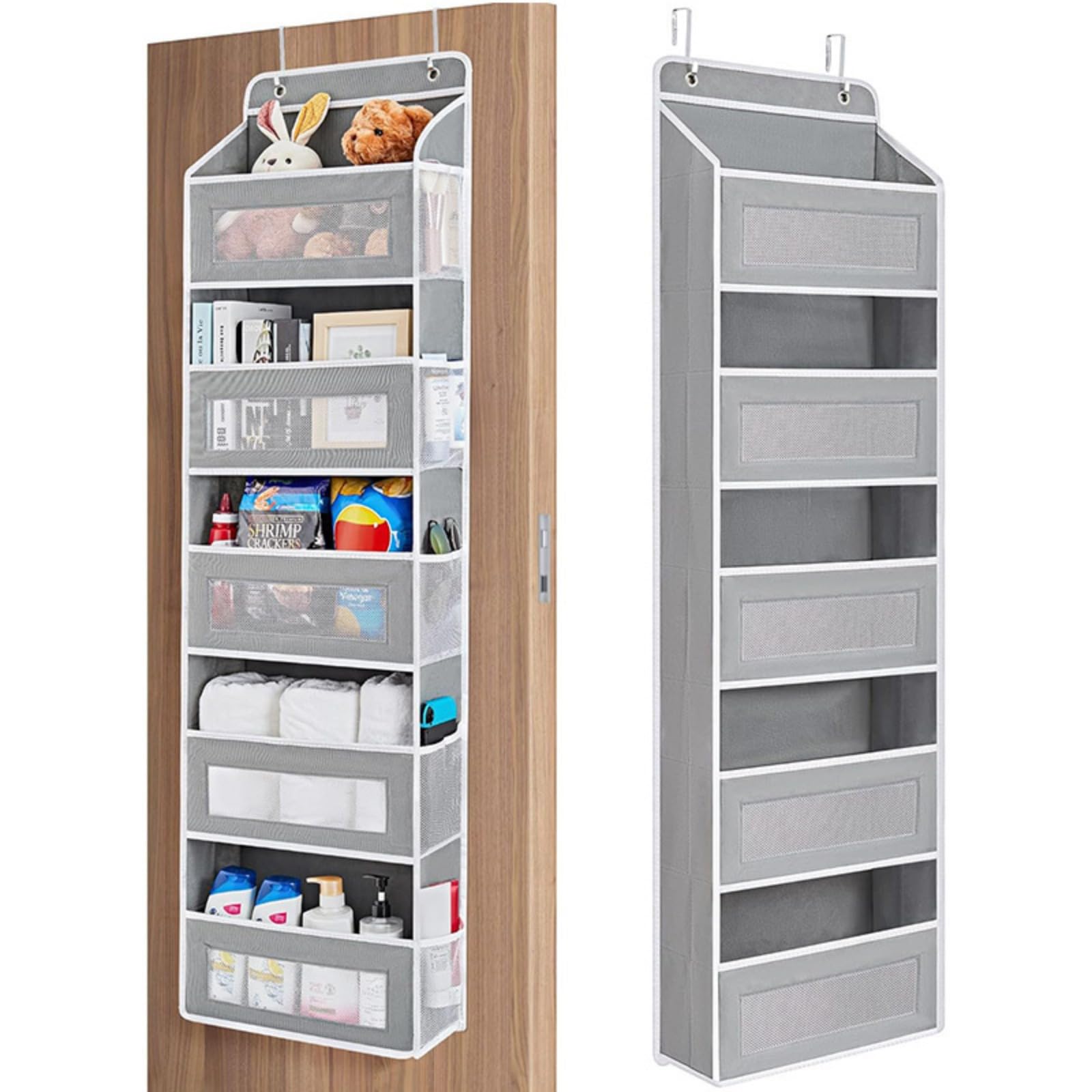 Hängeorganizer, 3/5 Regal Tür Organizer, Hängeaufbewahrung, Kuscheltiere Aufbewahrung Tür für Schlafzimmer, Kinderzimmer (Hellgrau,5 Regal(145x40x17.5 cm))