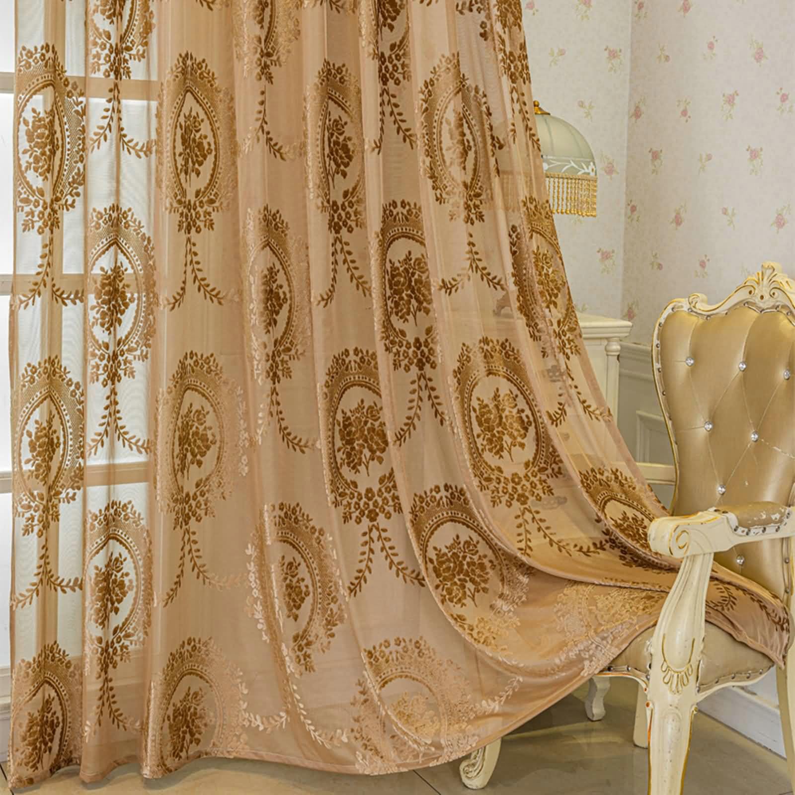 Vorhänge 2er Set, Vorhänge Lichtdurchlässig mit Floral Blattranken Muster Schlafzimmer Vorhänge H 274 x B 132 cm, Kaffee