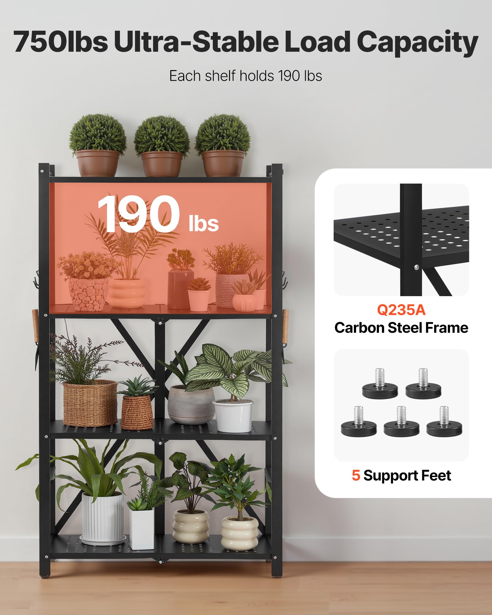 VEVOR Estante de Almacenamiento Plegable de 4 Niveles con Ruedas 66 x 33 x 117 cm Estantería Metálica Móvil Resistente, sin Necesidad de Ensamblaje, Organizador para Garaje, Cocina, Sótano, Negro