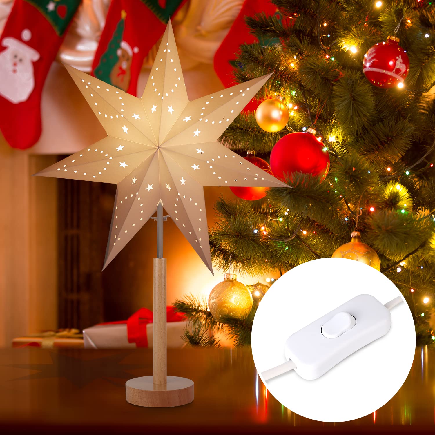 SALCAR LED Tischlampe mit Weihnachtsstern, 3D Adventsstern beleuchtet aus Papier mit Holz-Sockel / E14 Lampe, Weihnachtsdeko Tisch mit Wechselschirm, 45cm Papierstern Weiß und Lampenschirm Warm