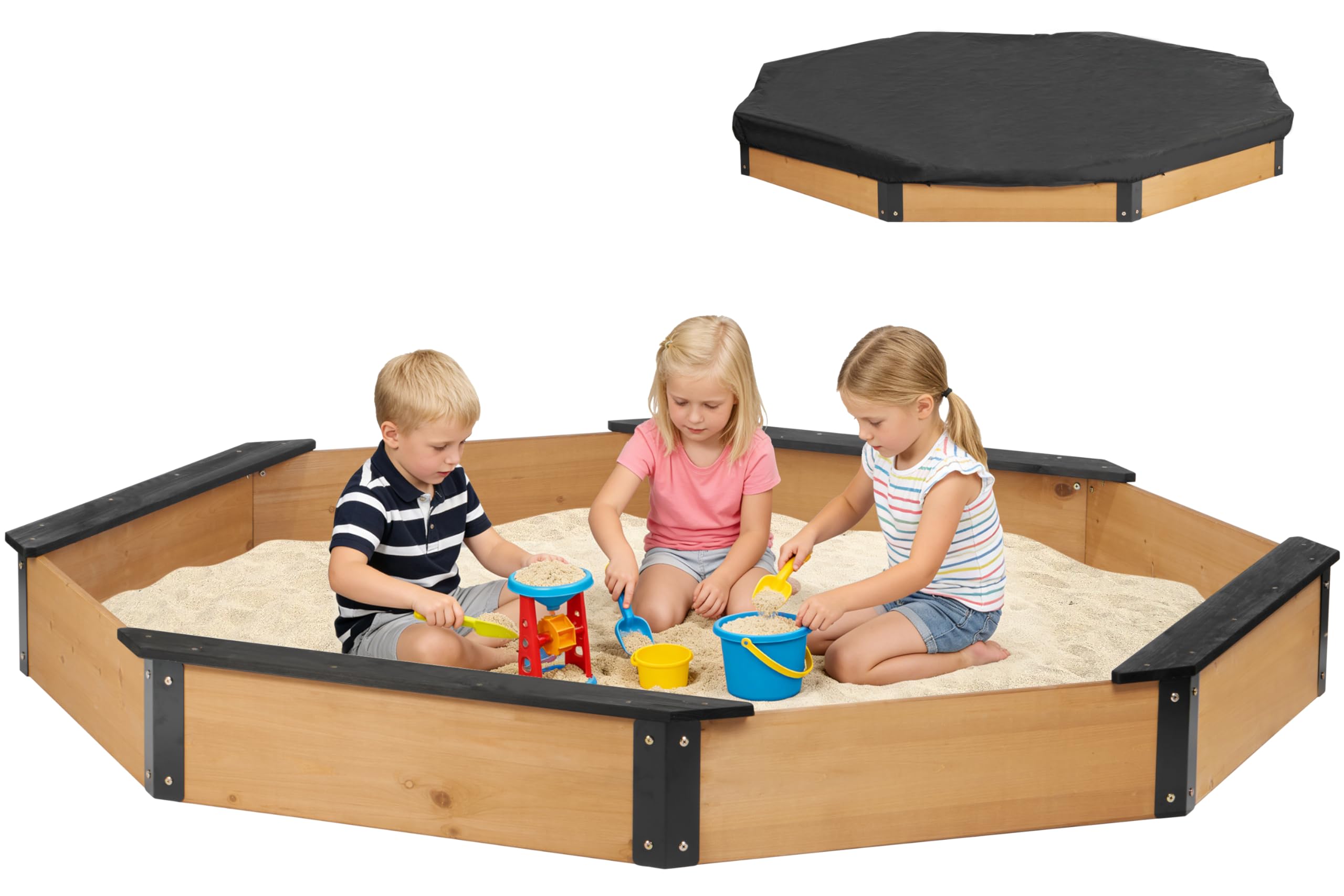 85''x78''x9'' Wooden Octagon Sandbox with Cover, Large Sandpit for Kids Outdoor Patio Backyard Play, Easy & Quick Assemble