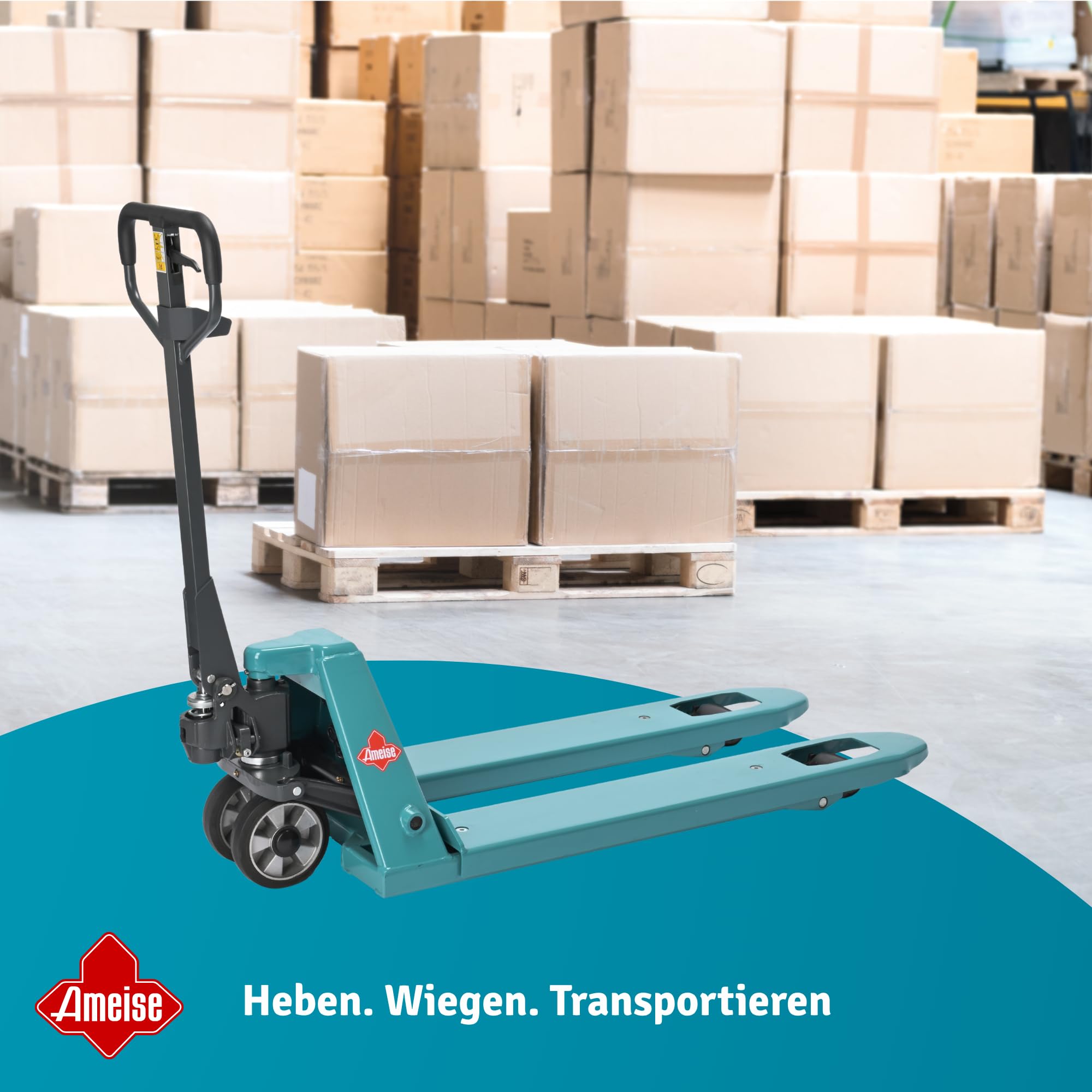 Ameise Hubwagen PTM mit Waage am Deichselkopf | Display mit 0,5/1 kg Schritten | 2.000 kg Tragkraft | 1.150 mm Gabellänge | Vollgummi Lenkrad| Polyurethan Einfach-Gabelrollen | Schnellhub bis 120 kg