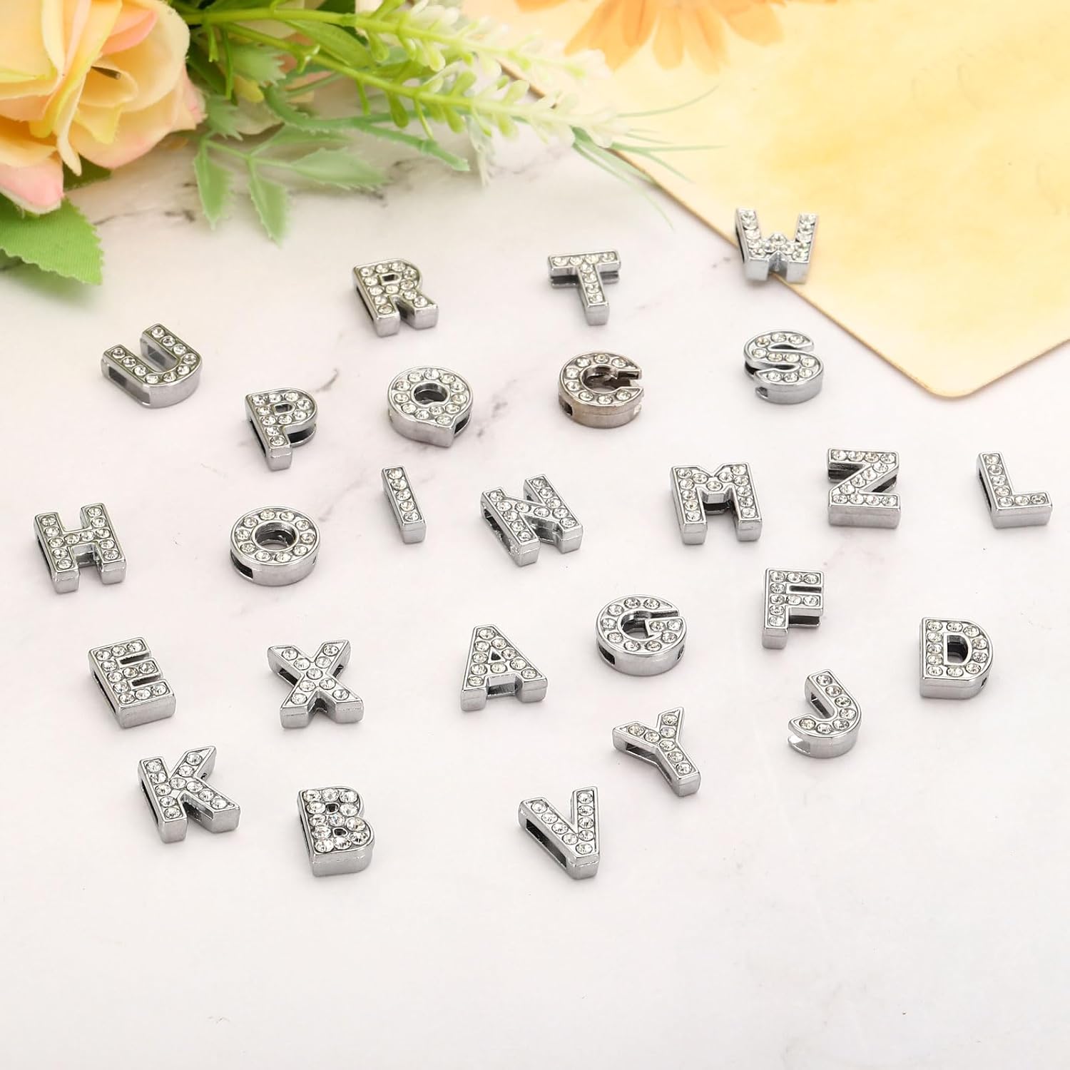 PATIKIL 30pcs Letter Charm, Rhinestone Letter Charm Crystal Alphabet Slide Wristbands Pendant for Jewelry Making Leather Collar Necklace - Image 4